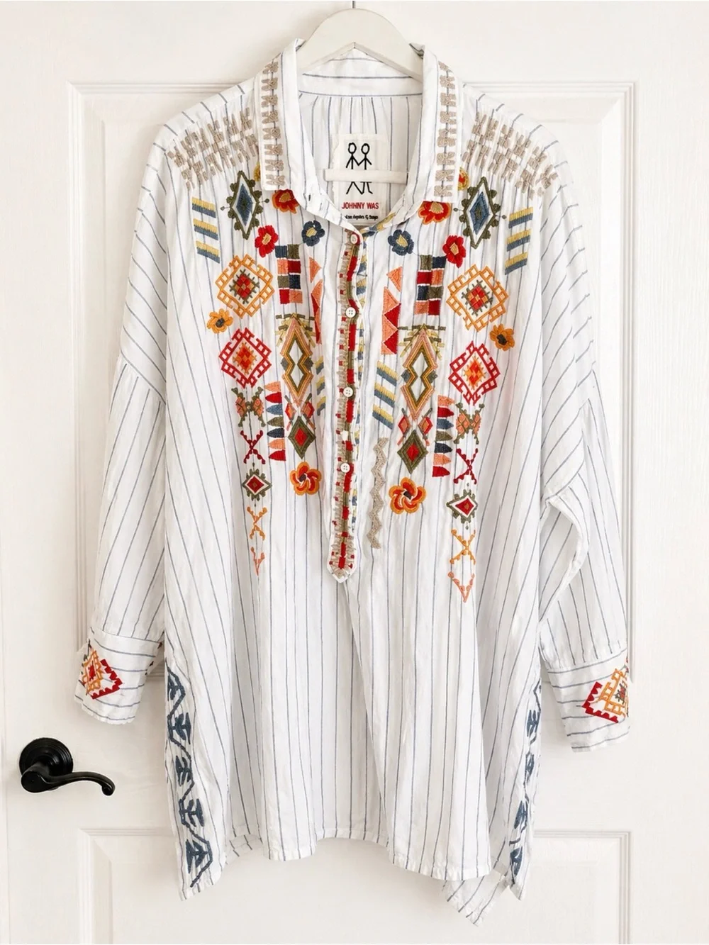 Johnny Was XXL Embroidered Boho Peasant Top Tunic Striped Floral Festival - Picture 2 of 7